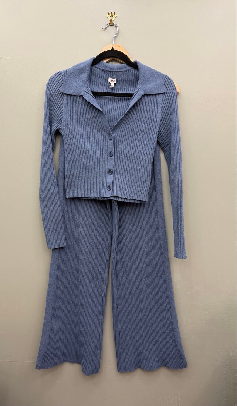 Aerie Ribbed Lounge Set Blue Collared Cardigan Flare Pants M